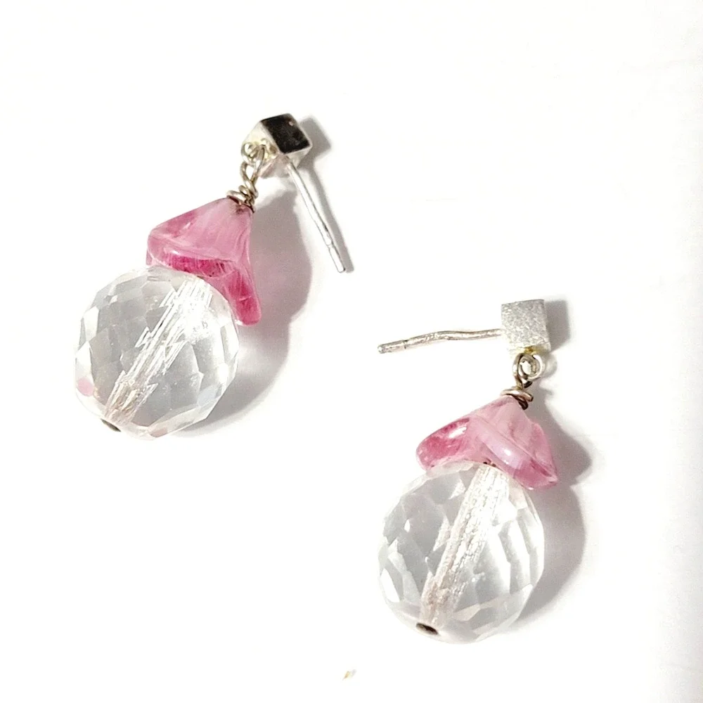 Vintage Dangle Pierced Earrings Faceted Glass, Pink Clear, 11/8